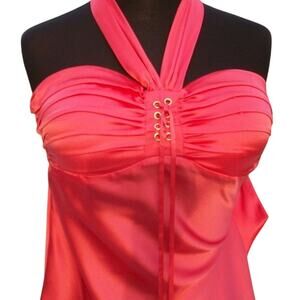 Cache Coral Silk Ruched Lace Up Halter Top New Built In Bra Stretch NWT $98